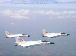 Flypast of three Tejas on Technology Day