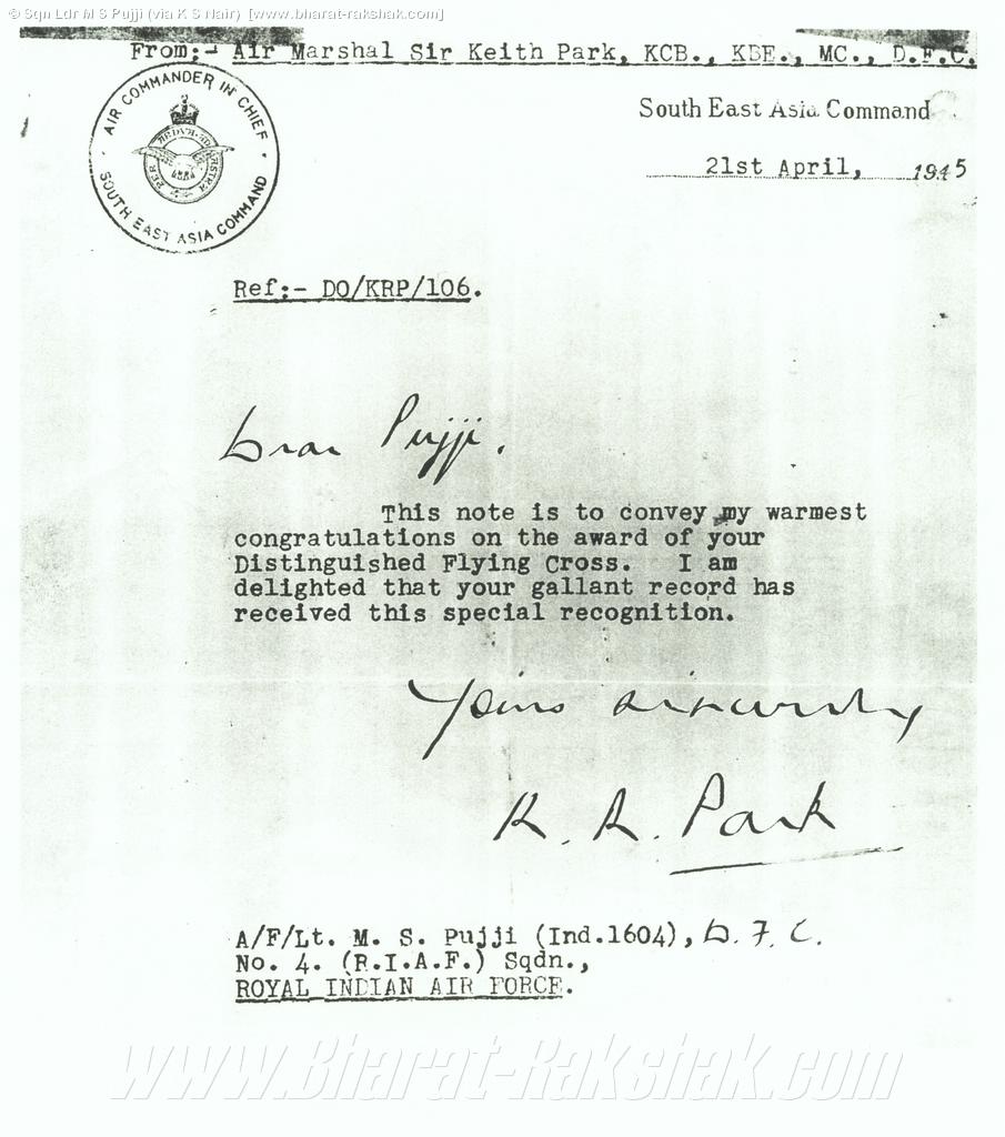 Letter from Air Marshal Keith Park